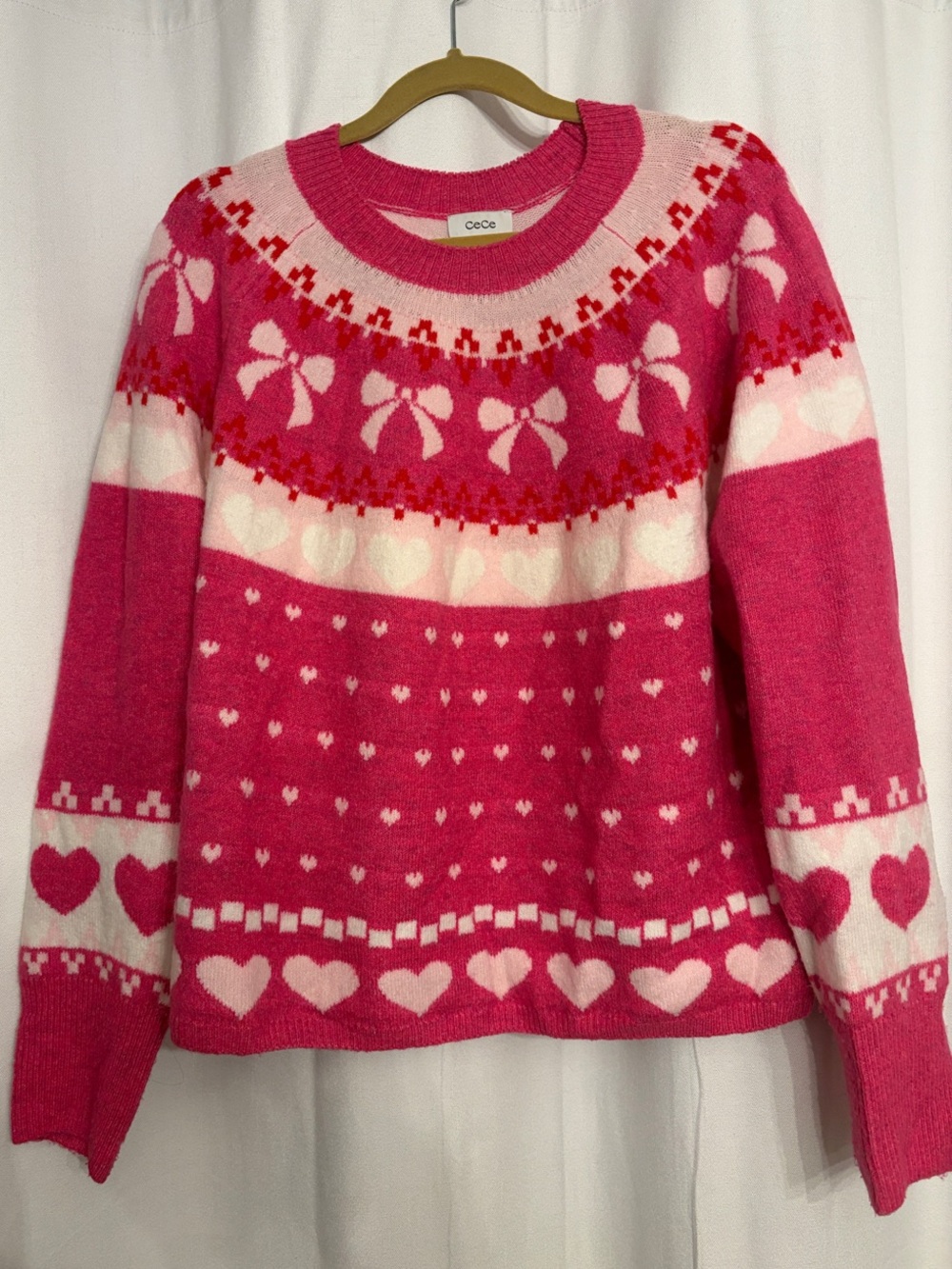 CeCe Hot Pink & Light Pink Bow and Heart Crewneck Sweater